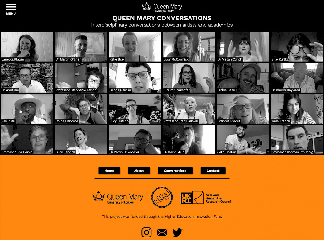 The homepage of the website showing some of the artists and academics that took part in the project.