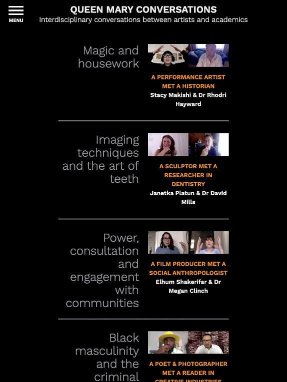 Screenshot showing how the list of conversations is presented on the website. Conversation titles include Magic and Housework and Imaging techniques and the Art of Teeth.
