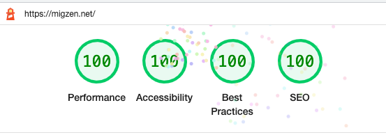 A screenshot showing top marks for the site in Google Lighthouse.