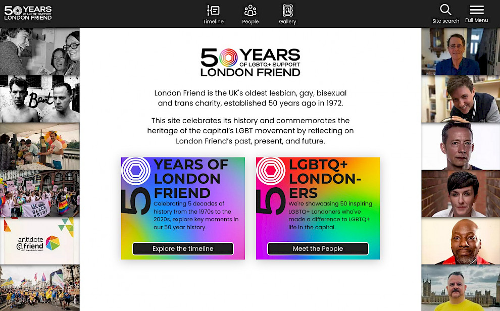 The homepage of the 50 years of London Friend website
