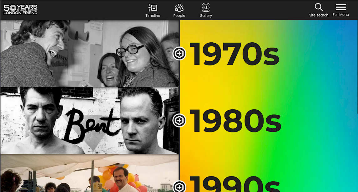 A screenshot of the timeline showing pictures of LF patrons including Michael Cashman and Eric Idle.