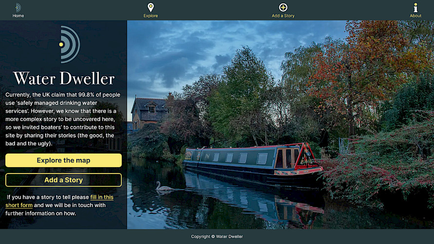 A screenshot of the website homepage showing a narrowboat moored by a lush green field.