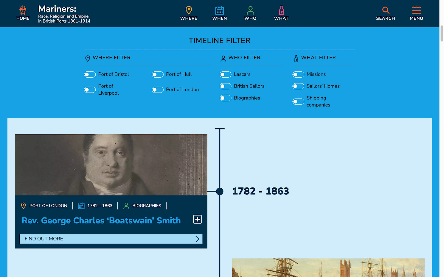 Screenshot of the website showing an interactive timeline of events.