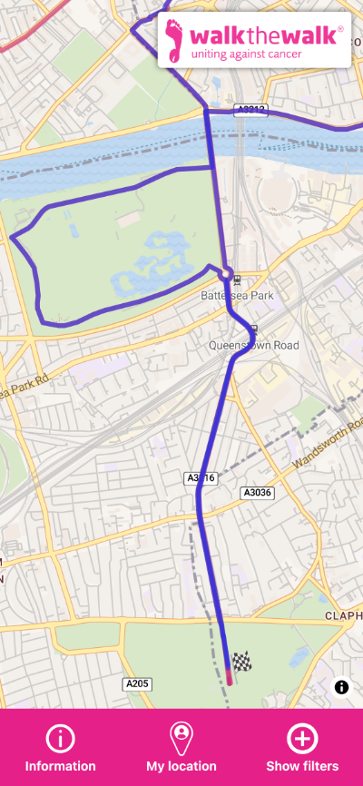 A screenshot of the map on a mobile phone showing the route and the neon pink branding.